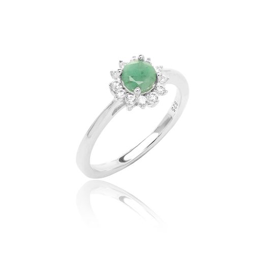 Anel Redondo Esmeralda Natural 5mm Aprox. 0,5ct com Moissanites Melee de 1,5mm - D VVS1 - Prata 925