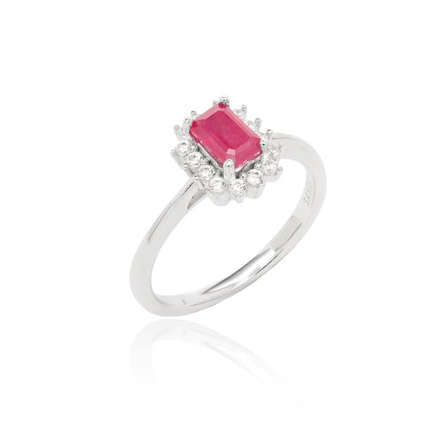 Anel Retângulo Rubi Natural 4x6mm Aprox. 0,85ct com Moissanites Melee de 1,5mm - D VVS1 - Prata 925