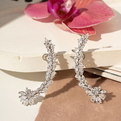 Brinco Earcuff Flores Gotas e Navetes de Zircônias Brancas - Prata 925