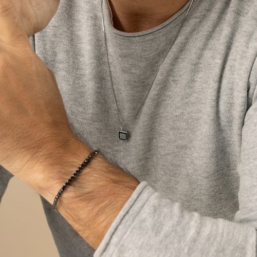 Colar Unissex Quadrado com Zircônia Negra 70cm - Prata 925