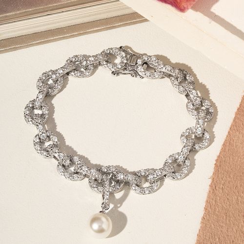 Pulseira Inteira Entrelaçada com Pingente de Pérola Shell e Zircônias Brancas 16cm - Prata 925