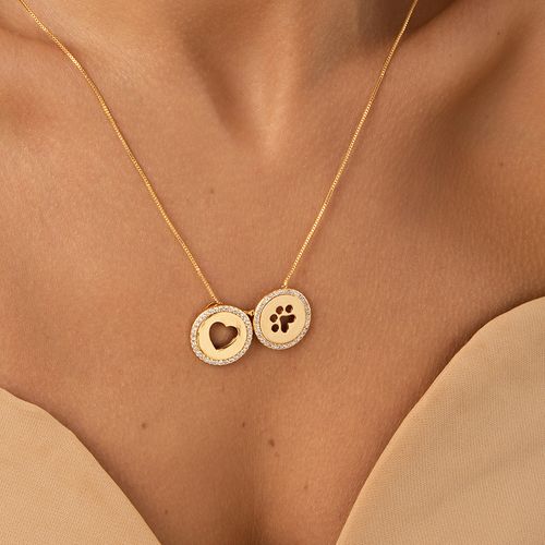 Colar Escapulário Pets e Coração com Zircônias Brancas 66cm - Banho de Ouro 18k