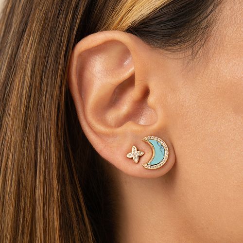Brinco Lua de Raolita Turquesa e Estrela com Zircônias Brancas - Banho de Ouro 18k