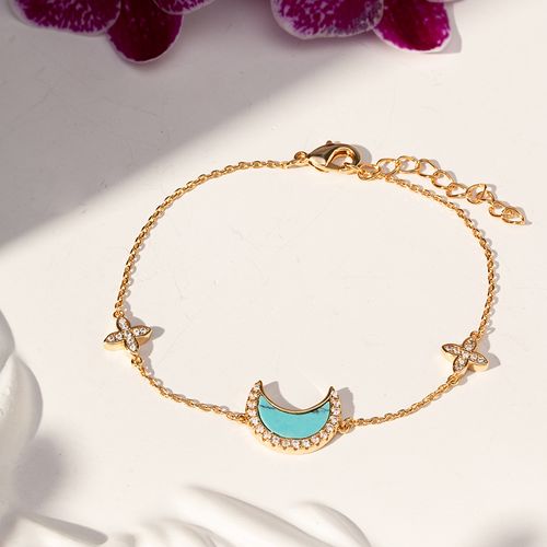 Pulseira Lua e Estrelas com Raolita Turquesa e Zircônias Brancas 19cm - Banho de Ouro 18k