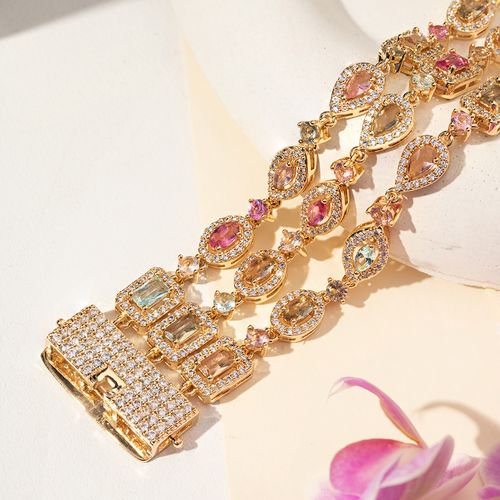 Pulseira Formas Maxi com Cristal Turmalina Rosa, Cristal Topázio Azul, Cristal Rodolita e Zircônias Brancas 17,5cm - Banho de Ouro 18k