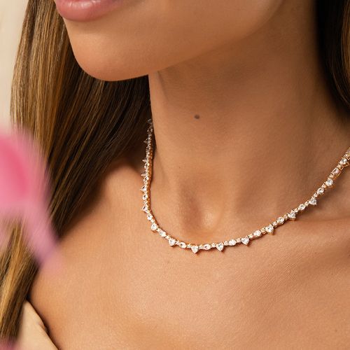 Colar Riviera com Corações e Ovais de Zircônias Brancas 42cm - Banho de Ouro 18k