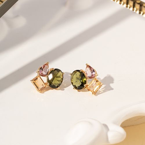 Brinco Formas com Cristal Peridoto, Cristal Morganita e Cristal Morganita - Banho de Ouro 18k