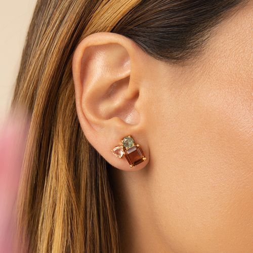 Brinco Formas com Cristal Citrino, Cristal Morganita e Cristal Paraiba - Banho de Ouro 18k