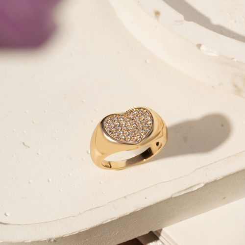 Anel Dedinho Coração com Zircônias Brancas - Banho de Ouro 18k