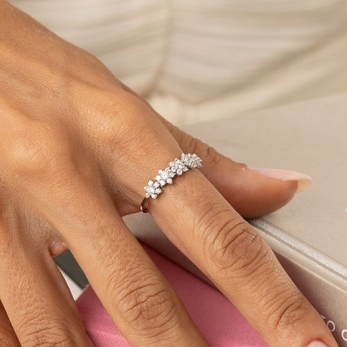 Anel aliança flores zircônia branca prata 925