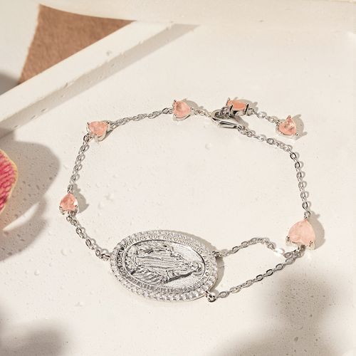 Pulseira Medalha de Nossa Senhora das Graças com Corações de Fusion Morganita e Zircônias Brancas 19cm - Prata 925