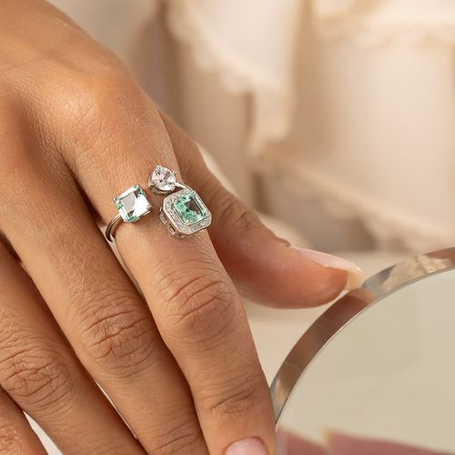 Anel Quadrado com Zircônia Premium Turmalina Paraiba e Zircônias Brancas - Prata 925