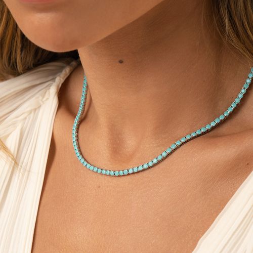 Colar Riviera Inteira Pedras de Nano Turquesa 42cm - Prata 925
