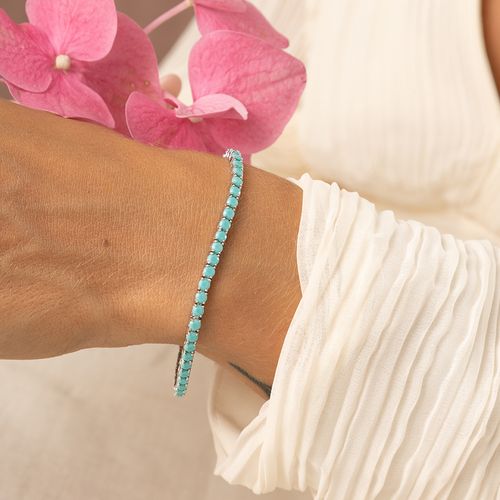 Pulseira Riviera Inteira Pedras de Nano Turquesa 17cm - Prata 925