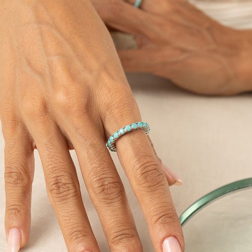 Anel Aliança Inteira Pedras de Nano Turquesa - Prata 925