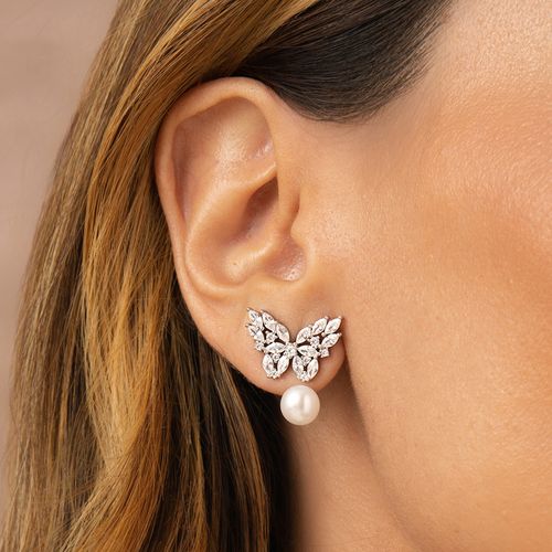Brinco Earjacket Borboleta com Pérolas de Água Doce e Zircônias Brancas - Prata 925