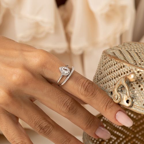 Kit com Dois Anéis Gotinha e Meia Aliança de Topázio Incolor Natural e Zircônias Brancas - Prata 925