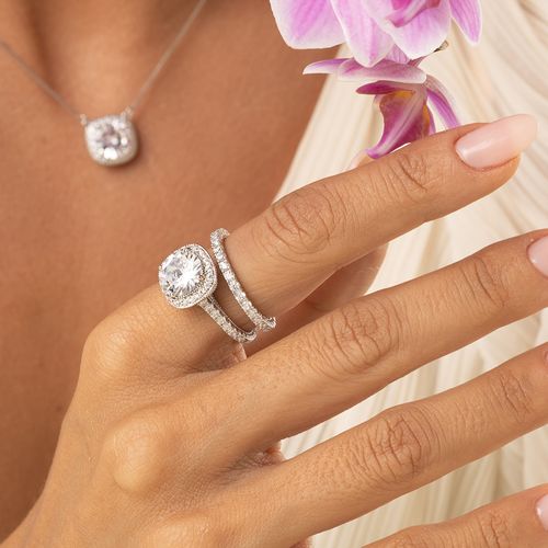 Anel Quadrado Solitário e Aparador com Zircônias Brancas - Prata 925