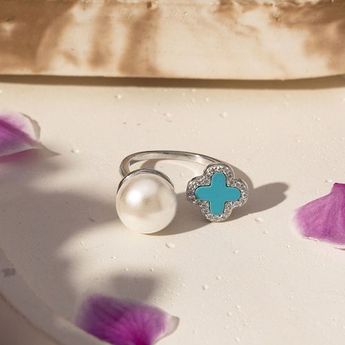 Anel Trevo com Nano Turquesa e Zircônias Brancas - Prata 925