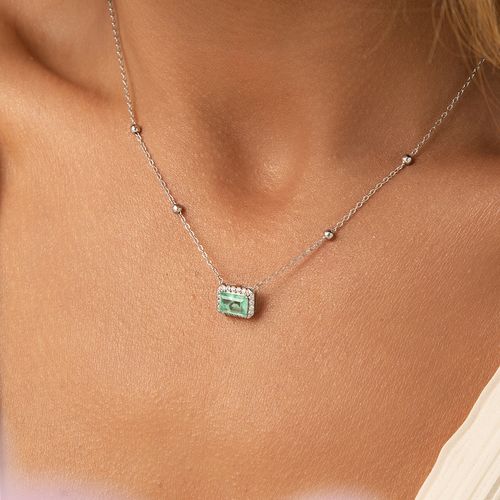 Colar Retângulo de Fusion Esmeralda Colombiana e Zircônias Brancas 50cm - Prata 925