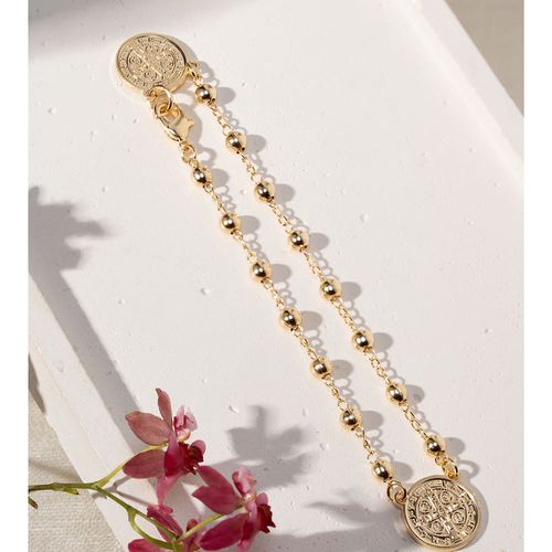 Pulseira Lisa Medalha Dupla de São Bento 18cm - Banho de Ouro 18k