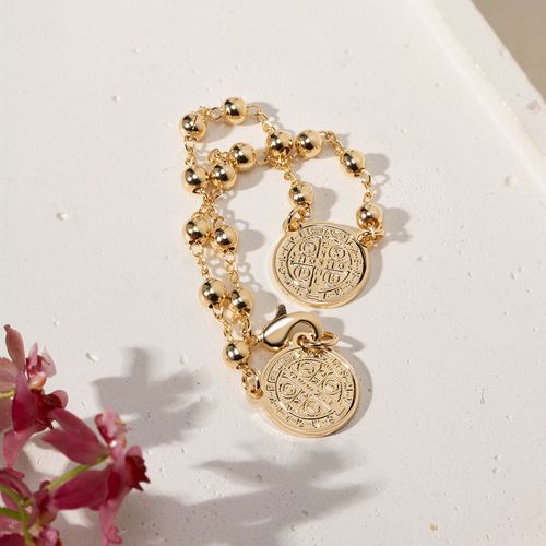 Pulseira Lisa Medalha Dupla de São Bento 18cm - Banho de Ouro 18k