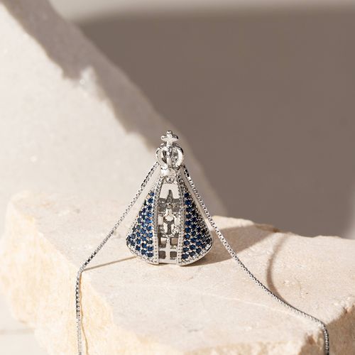 Colar Nossa Senhora Aparecida com Zircônias Azuis Escuro e Zircônias Brancas 45cm - Prata 925