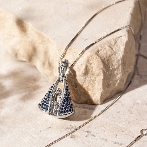 Colar Nossa Senhora Aparecida com Zircônias Azuis Escuro e Zircônias Brancas 45cm - Prata 925