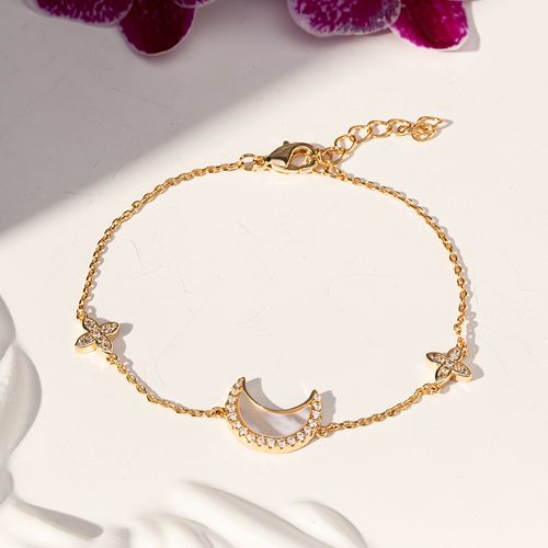 Pulseira Lua e Estrelas com Madrepérola e Zircônias Brancas 19cm - Banho de Ouro 18k