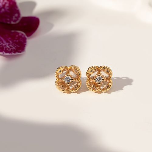 Brinco Trevo com Cristal Rodolita e Zircônias Brancas - Banho de Ouro 18k