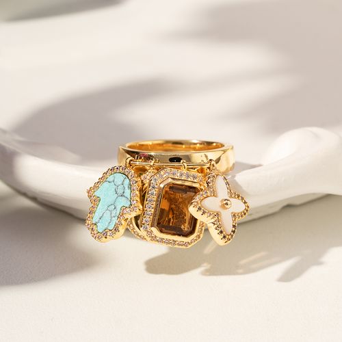 Anel Mix And Match  com Madrepérola, Nanoturquesa e Cristal Peridoto - Banho de Ouro 18k