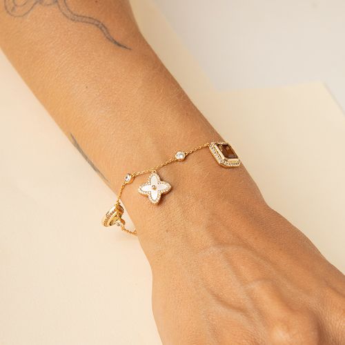 Pulseira Mix And Match com Madrepérola, Nanoturquesa e Cristal Peridoto 19cm - Banho de Ouro 18k