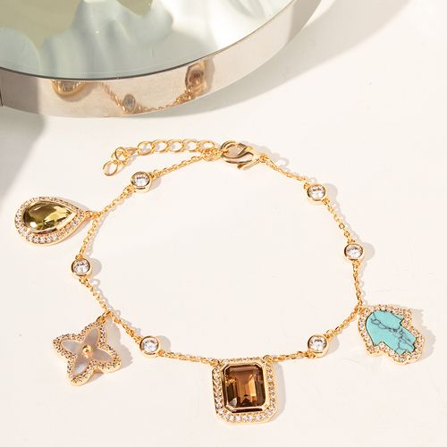 Pulseira Mix And Match com Madrepérola, Nanoturquesa e Cristal Peridoto 19cm - Banho de Ouro 18k