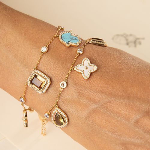 Pulseira Mix And Match com Madrepérola, Nanoturquesa e Cristal Peridoto 19cm - Banho de Ouro 18k