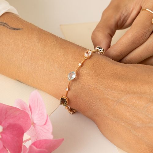 Pulseira Formas com Cristal Morganita, Cristal Peridoto e Cristal Topázio Fumê 19cm - Banho de Ouro 18k