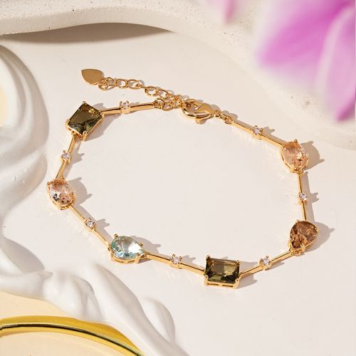 Pulseira Formas com Cristal Morganita, Cristal Peridoto e Cristal Topázio Fumê 19cm - Banho de Ouro 18k