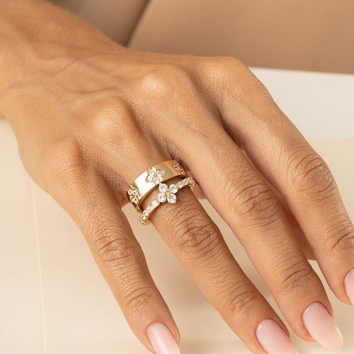 Kit com Dois Anéis de Florzinhas com Zircônias Brancas - Banho de Ouro 18k
