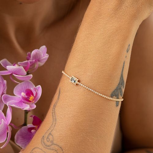 Pulseira Retângulo com Cristal London Blue e Zircônias Brancas 19cm - Banho de Ouro 18k