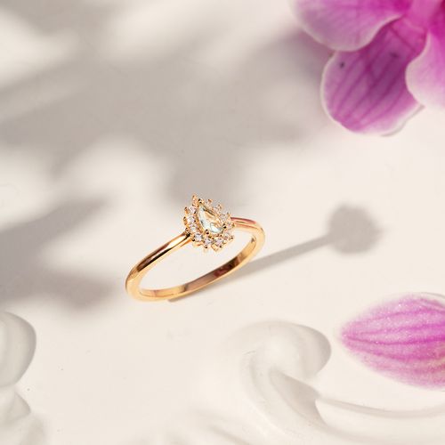 Anel Gotinha de Cristal Água Marinha e Zircônias Brancas - Banho de Ouro 18k