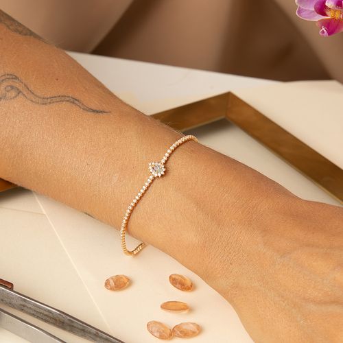 Pulseira Gotinha de Cristal Água Marinha e Zircônias Brancas 19cm - Banho de Ouro 18k