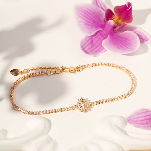 Pulseira Gotinha de Cristal Água Marinha e Zircônias Brancas 19cm - Banho de Ouro 18k