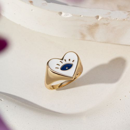 Anel Dedinho Coração com Olho Grego de Esmalte e Resina Branca - Banho de Ouro 18k