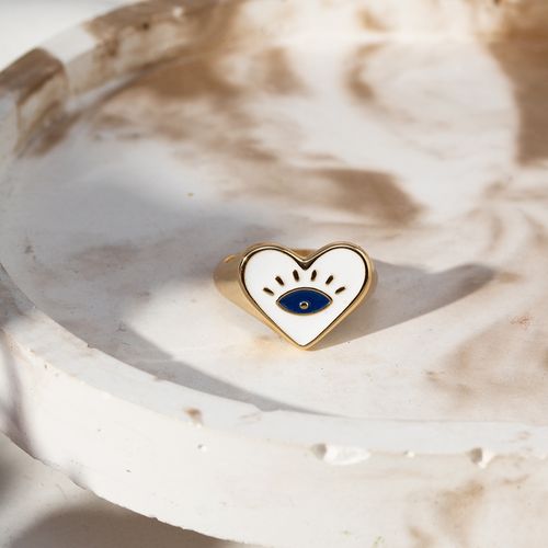 Anel Dedinho Coração com Olho Grego de Esmalte e Resina Branca - Banho de Ouro 18k