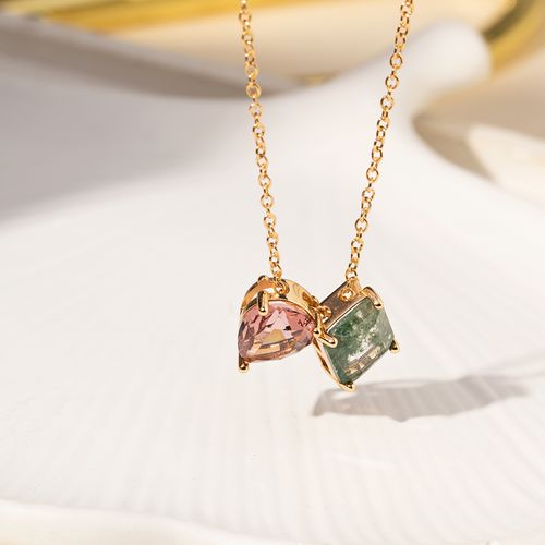 Colar Escapulário Gota e Retângulo com Cristal Rodolita e Cristal Rutilado Verde 65cm - Banho de Ouro 18k