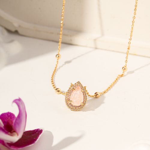 Colar Gota de Fusion Morganita e Zircônias Brancas 50cm - Banho de Ouro 18k