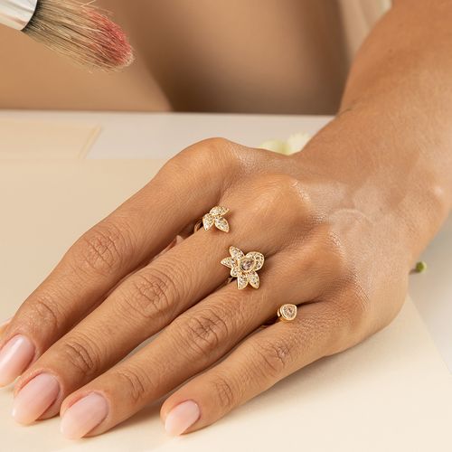 Anel Flor e Petálas Duplo com Zircônias Brancas - Banho de Ouro 18k