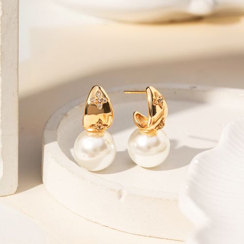 Brinco Florzinhas com Bola de Pérola Glass e Zircônias Brancas - Banho de Ouro 18k