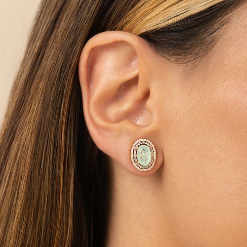 Brinco Oval de Fusion Esmeralda Colombiana, Zircônias Paraíba e Brancas - Banho de Ouro 18k