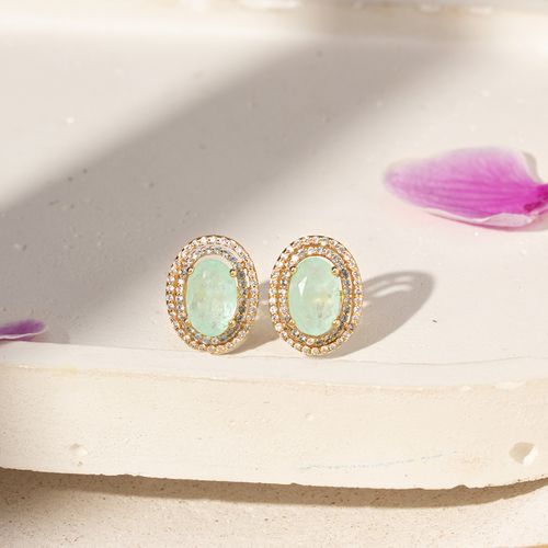 Brinco Oval de Fusion Esmeralda Colombiana, Zircônias Paraíba e Brancas - Banho de Ouro 18k