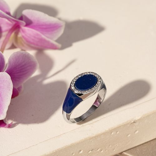 Anel Oval com Lapis Lazúli Lab e Zircônias Brancas - Banho de Ródio Branco